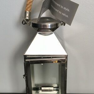 NWT Broyhill Silver & Glass Hangable Lantern w’ Tan Rope Handle for Candles